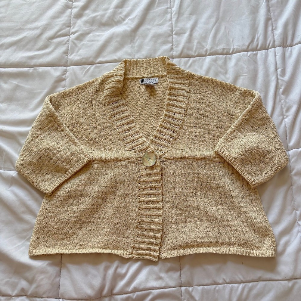 Carole Little Petite Beige Knit Cardigan Short Sleeve Peplum Sweater PL